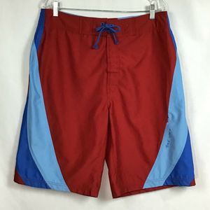 BKE Wet Buckle Mens Swim Trunks Board Shorts Unlined Red Blue Pocket / Size 36